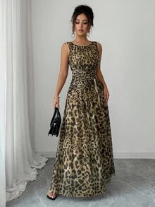 Rafferiza 女式优雅豹纹网眼圆领褶饰腰部抽绳 A 字形无袖长裙 - 卡其色 - 查看 5