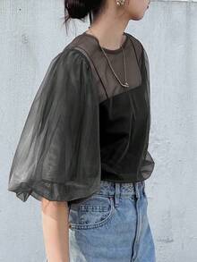 FRIFUL 女式纯棕色圆领泡泡袖透视网眼宽松休闲分层上衣 - 黑色 - 查看 4