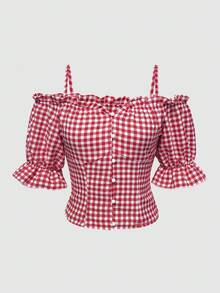 INAWLY Plus Size Summer Plaid Ruffle Trim Button Casual Shirt - Multicolor - View 1