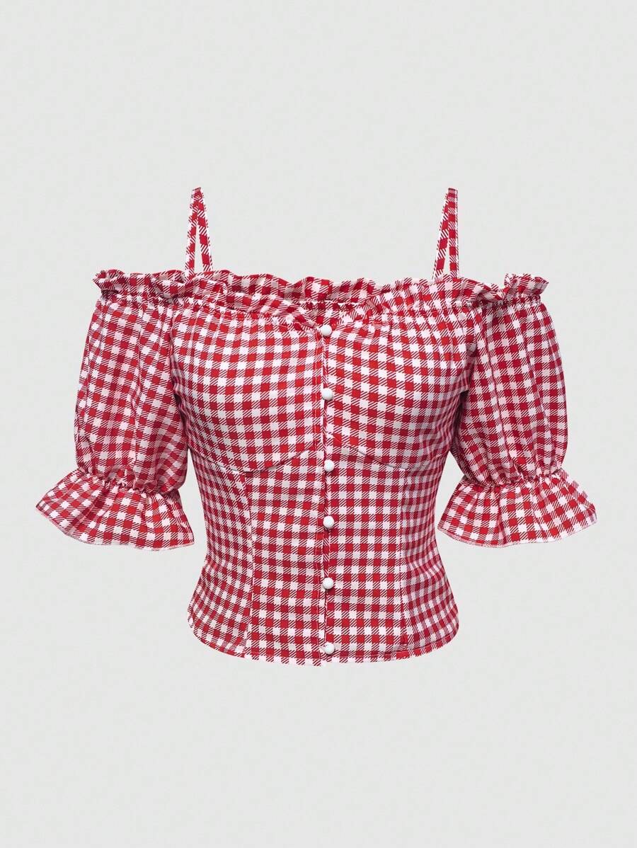 INAWLY Plus Size Summer Plaid Ruffle Trim Button Casual Shirt - Multicolor - View 1