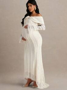 MaterniChic Autumn And Winter Maternity Off-Shoulder Long Sleeve Flare Sleeve Lace Patchwork Fitted Dress Maternity Photoshoot Dress Maternity White Lace Dress Pregnancy Dress White Maternity Gown Off Shoulder Maternity Dress - Apricot - View 6