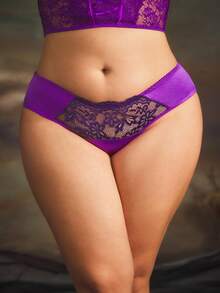 Plus Size Shiny Satin Lace Briefs, Comfortable & Stretchy - Multicolor - View 2