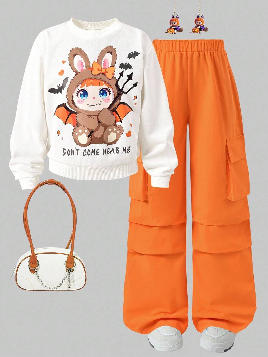 2件套女童印花卫衣+多口袋工装裤 - 彩色 - 查看 1