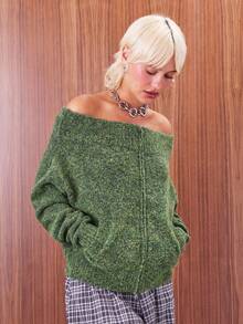 COUREZ Bardot 拉链针织套头衫 /Y2K 秋季女装 秋季服装 可爱上衣 外出上衣 冬季服装 - 綠色 - 查看 5