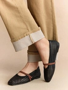 Rosivie 女士优雅镂空平底鞋，时尚舒适，法式方头优雅平底鞋 - 黑色 - 查看 2