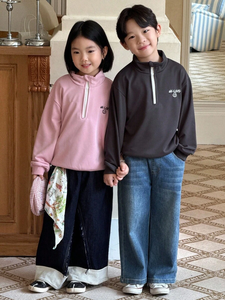 Genkimix Kids 男童宽松刺绣字母卫衣，深灰色 - 灰色 - 查看 1