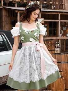 Fairmaia Butterfly Floral Waist Cinching Short Vintage Dress, For Beer Festival, Dirndl, Halloween - Green - View 3