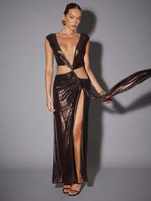 Hauture 女士时尚性感镂空不对称长裙 - 咖啡棕 - 查看 3