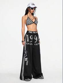 ROMWE Street Life Casual Street Style Double Waistband Low Waist Loose Hiphop Wide Leg Women Pants - Black - View 6