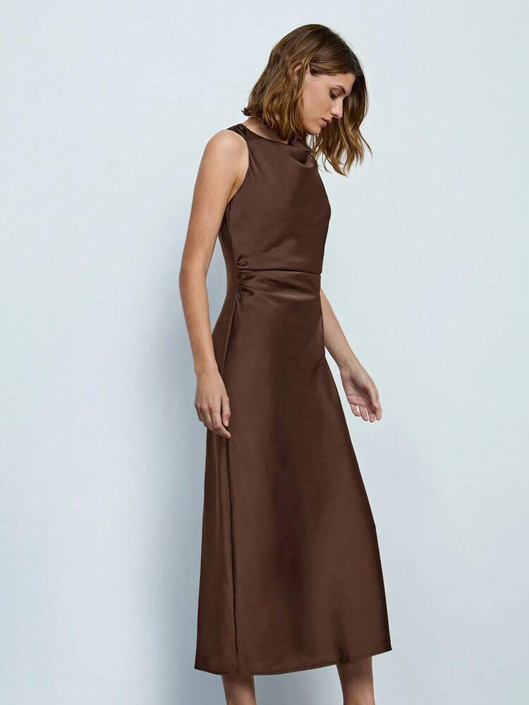 SHEIN Maija Women's Solid Color Ruffled Collar Pleated Elegant Sleeveless Maxi Dress, Business Casual Elegant Dress, Vintage Style