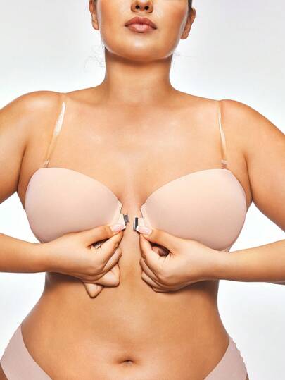 Shapelle Forme Plus Size Strapless Bra With Molded Cup And Front Closure, Apricot Color, Suitable For Wedding Plus Size Bra Push Up Bra Clear Strap Bra