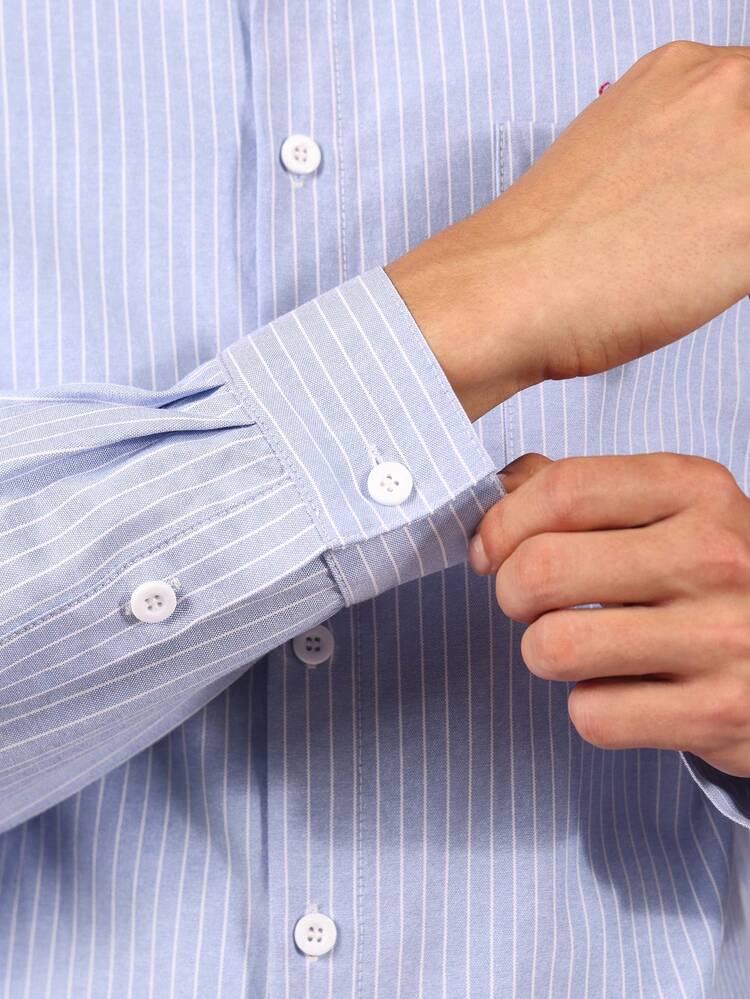 Cropped Pinstripe Button Down Shirt With Chest Embroidery