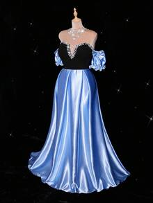 Viva Relle 大码女式优雅浪漫派对鸡尾酒婚礼宾客礼服，蝴蝶结露肩仿珍珠装饰泡泡袖，塔夫绸腰部收紧 A 字飘逸长裙 - 彩色 - 查看 2