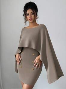 Elenzga 2 Pieces Vintage Asymmetrical Knit Poncho Cape Slip Dress Women's Suit, High-End Atmosphere Sweater Set, Autumn/Winter 2025 New Arrival Fall Cloth For Women - Multicolor - View 4