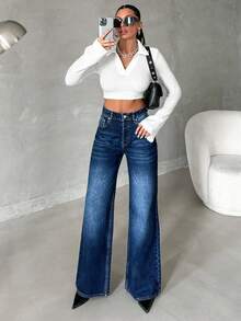 EURMUSE Jeans De Pierna Ancha Para Mujer - Azul lavado medio - Ver 3