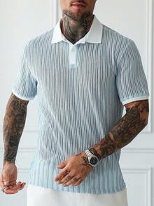 Manfinity Homme 男士优质纹理 Polo 衫，撞色领口，送给男朋友或丈夫的理想礼物，蓝白条纹，复古风格 - 淺藍色 - 查看 5