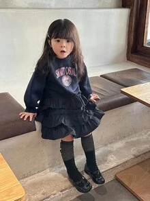 DAZY Infant/Toddler Girls' Ruffle Hem Korean Cartoon Letter Casual Dress - Navy Blue - View 1