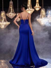 Glamrae Thanh lịch, Lãng mạn, Gợi cảm, Tối giản, Xanh navy, Sa tanh, Trang trí dây kim cương giả, Không dây, Trang trí xếp ly, Ôm sát, Có gọng, Viền đuôi cá, Xẻ tà bên hông, Đuôi tàu, Thời trang, Người có ảnh hưởng, Ngày lễ, Kỳ nghỉ, Tiệc sinh nhật, Đám cưới, Đầm dạ hội trang trọng - Xanh đậm - Xem 4