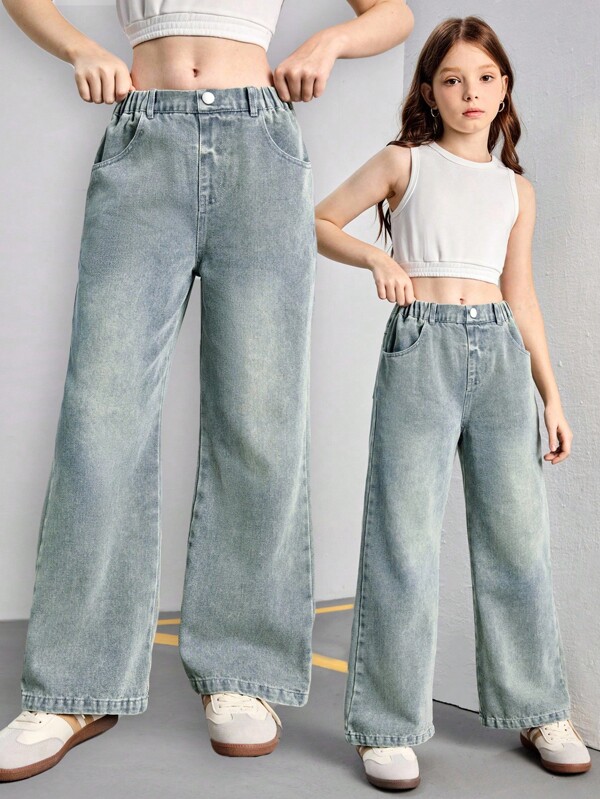 SHEIN Genkimix Kids Tween 女童牛仔裤，新款 Y2K 复古水洗浅蓝色宽松直筒牛仔裤，松紧腰带，舒适便捷，适合日常穿着，简约百搭的设计