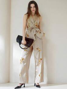 Aveloria Modichic 2pcs/Set Women's Heavily Sequined Embroidered Vest And Pants Set Fall Cloth For Women - Khaki - View 5