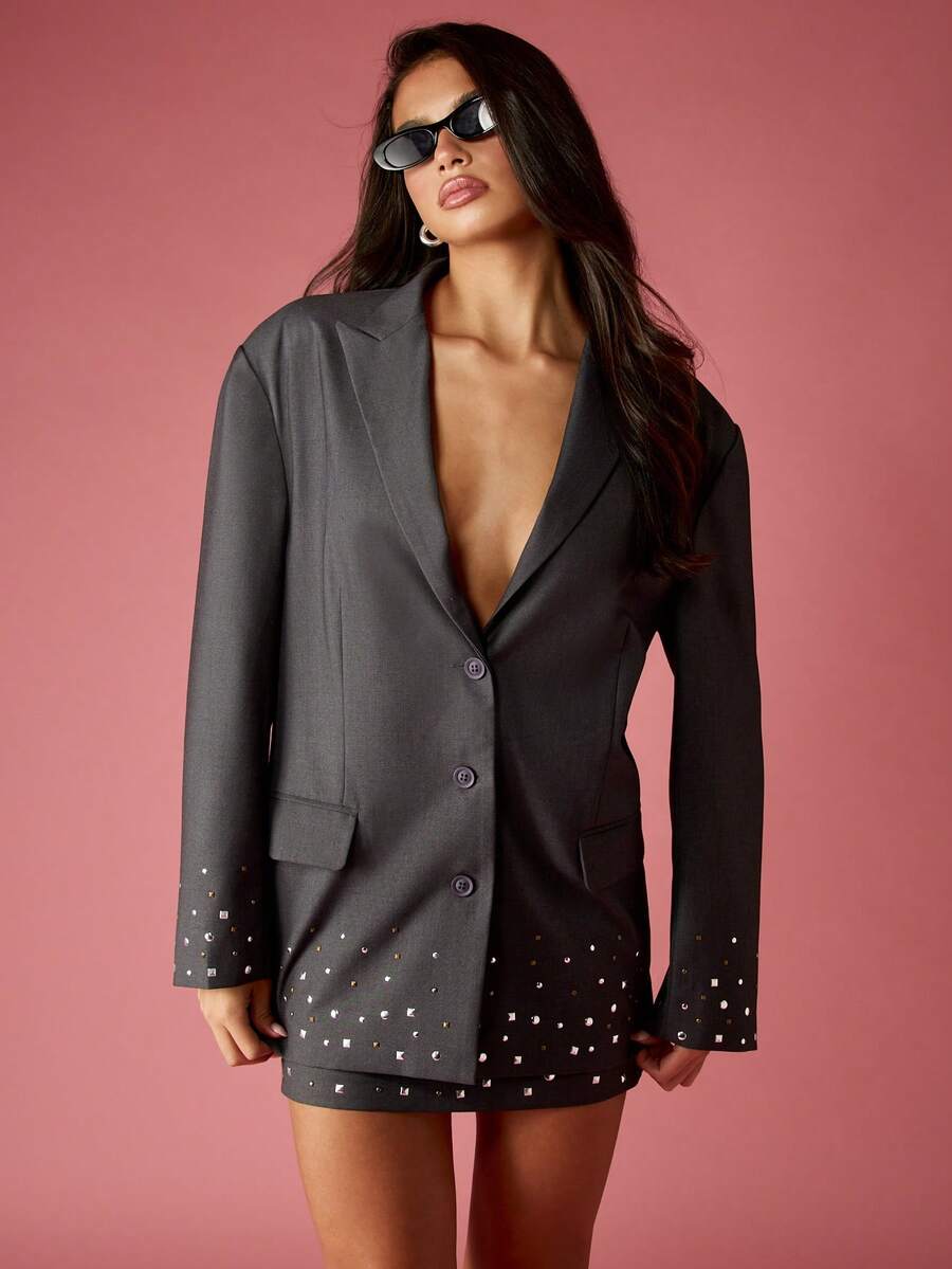 MISSGUIDED Boxy Fit Professional Women Blazer With Studded Hem Details Premium Tailored Jacket Formal Office Business Evening Party