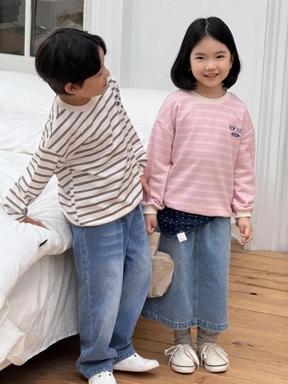 Genkimix Kids Spring/Autumn New Boys Loose Casual Striped Sweatshirt, Letter Print, Comfortable Sporty Top