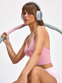 LOUNGEISTA 1pc Cute Front Zipper Seamless Elastic Sports Bra & Enhancing Bra For Women, Workout - Pink - View 8