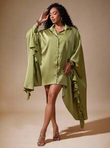 Vixey Top col chemisier à manches chauve-souris volantées, en satin unicolore