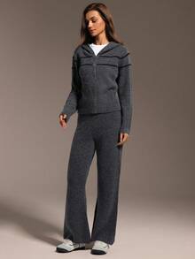 Hanevo 秋冬时尚条纹连帽针织开衫+针织裤套装 - 灰色 - 查看 4