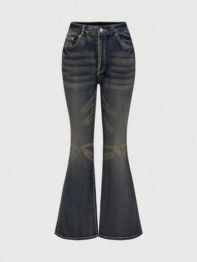 Goth Jeans évasés à taille basse, mode vintage casual pour femmes, avec broderie d'ailes et strass