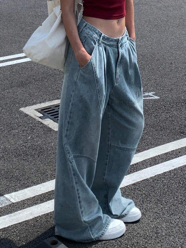 Women's Regular Waist Pleated Loose Wide Leg Jeans, Casual Street Style Y2k