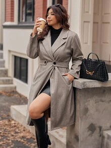 Vionelle Damen Große Größen Klassisch Lässig Minimalistisch Kragen Taillengürtel Knopftasche Mantel in Knielänge, Herbst/Winter Herbst Fall