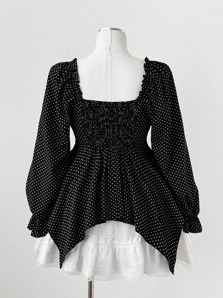 Sunspun 大码波尔卡圆点蕾丝拼布长袖不对称下摆衬衫 - 黑色 - 查看 7