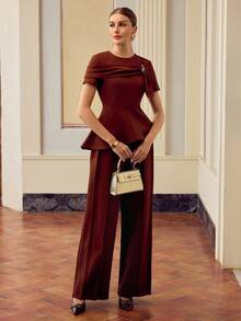 ZEYLAH Women's Casual Pleated Straight Leg Pants, Solid Color, For Daily Wear & Work Fall Cloth For Women - Brown - View 2