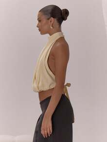 MUSERA 高领垂褶露背上衣，优雅性感，适合夜晚外出、度假、派对、节日聚会、春夏情人节等场合。 - 黃色 - 查看 4