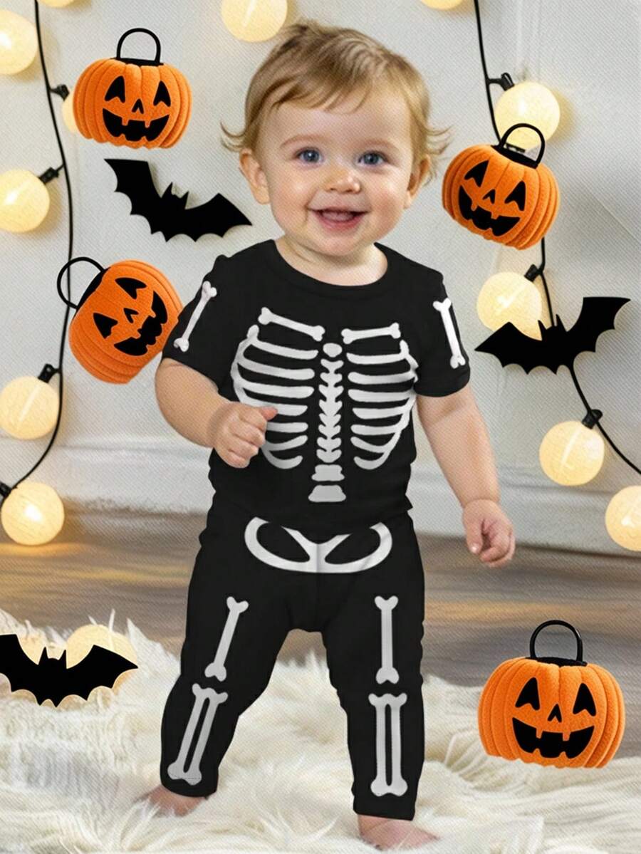 SHEIN Baby BoyGlow In The Dark Skeleton Pajamas Set - Halloween Costume Sleepwear For Kids, Snug Fit  Cozy PJs Baby Boy Baby Skeleton Outfit Baby Halloween Clothes Baby Spooky Clothes Skull Baby Clothes Baby Horror Outfits - Multicolor - View 1