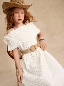 Tween Girl Cold Shoulder Ruffle Trim Belted Dress Summer Holiday