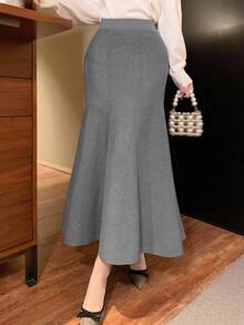 DAZY 女士优雅纯色美人鱼下摆毛衣半身裙，秋冬女装半身裙 - 灰色 - 查看 5