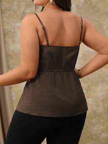 Roveilla 女士优雅法式吊带背心，正面纽扣开合，不对称下摆，适合通勤、下午茶、派对、春夏季 - 棕色 - 查看 2