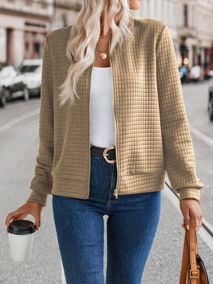 Casual Solid Color Textured Jacket, Autumn - Khaki - View 4
