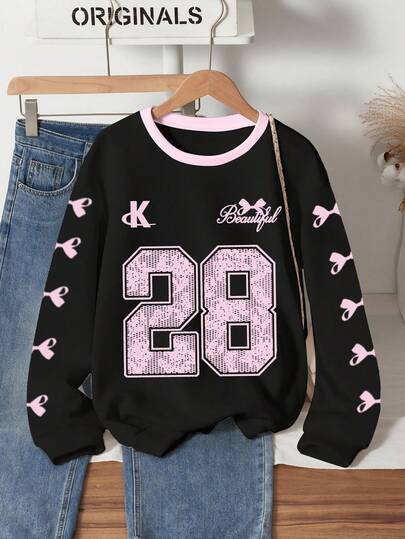 Girls Oversized Crew Neck Fleece Sweatshirt With Butterfly Print & Number 28, Casual Street Style, Suitable For Winter Fall