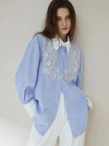 Aveloria Modichic 条纹宽松休闲钉珠拼接长袖优雅女士衬衫 - 彩色 - 查看 1
