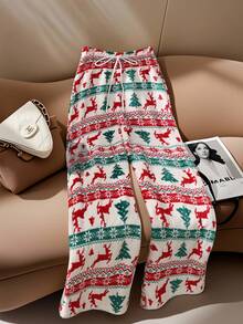 SHEIN LUNE 女士时尚新款圣诞白色印花珊瑚绒毛圣诞树麋鹿圣诞家居柔软弹力腰带阔腿直筒裤 - 彩色 - 查看 1