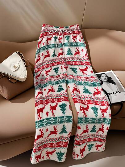 Franclia 女士时尚新款圣诞白色印花珊瑚绒毛圣诞树麋鹿圣诞家居柔软弹力腰带阔腿直筒裤