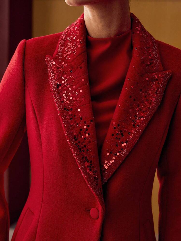 WOOL SEQUIN BEADED EMBROIDERY PANEL PEAK COLLAR SLANT POCKET OVERCOAT