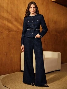 Anewsta 女式冬季法国粗花呢亮片仿珍珠流苏丝带优雅金属扣圣诞通勤喇叭裤 - 藏蓝色 - 查看 6