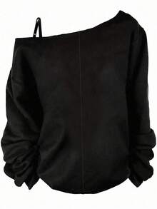 SHEIN CURVE+ 休闲大码单肩长袖T恤，休闲简约万圣节骷髅、蝙蝠、花卉印花大码女式不对称吊带背心T恤，春秋/秋冬 - 彩色 - 查看 2