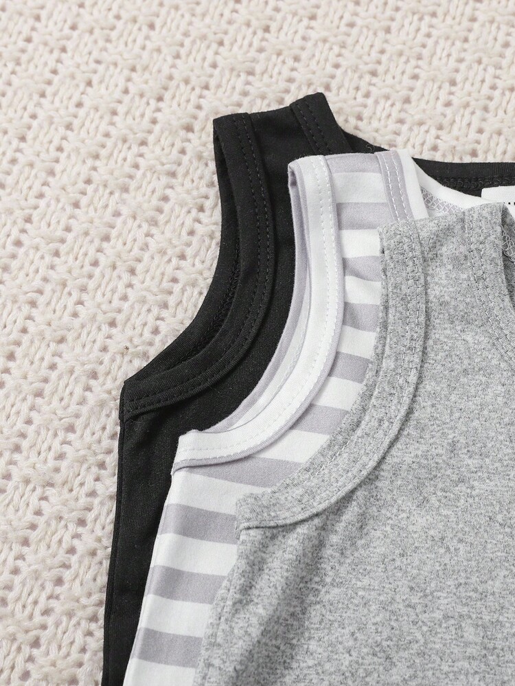SHEIN Playful Pals 6 件套婴儿/男婴夏季服装套装，包含 3 种颜色：黑色、白色、条纹无袖上衣和短裤，舒适、休闲、百搭，适合日常穿着 - 灰色 - 查看 4
