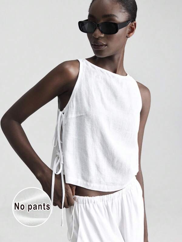 Ontre Bluzka bez rękawów z mieszanki lnu z 2025 r. z rozcięciem z boku i kokardą, wygodny, swobodny styl na festiwale muzyczne, koncerty, imprezy country, letnie bluzki damskie, stroje plażowe/wakacyjne w stylu boho