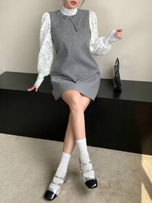 DAZY 女士宽松休闲甜美蝴蝶结装饰无袖连衣裙，秋冬季短款连衣裙 - 灰色 - 查看 9